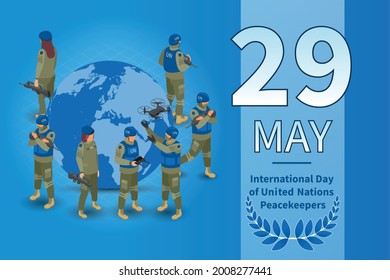 United nations peacekeepers international day 29 may isometric poster stamp earth globe surrounded by un troops vector illustration