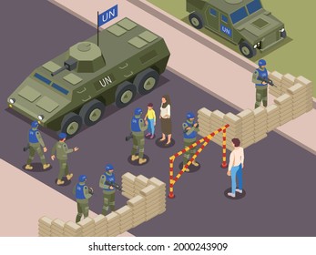 United Nations Peacekeepers Isometric Composition With Military Patrol Checking Residents Before Crossing Buffer Zone Vector Illustration