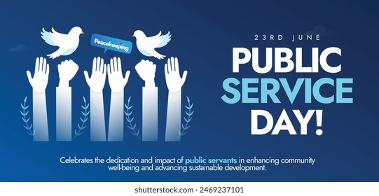 United Nations public service day. 23rd June UN's public service day to celebrate the value and virtue of public service to the community appreciation banner, post with hands and dove in white colour.