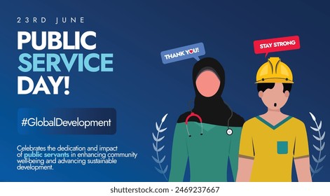 United Nations Public service day. 23rd day UN's public service day banner, post with UN servants to recognise the work of public servants, encourage young people to pursue career in the public sector