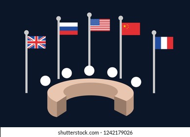 United Nations Security Council - Five Permanent Member States And Countries ( Great Britain, Russia, USA, China, France) Are Meeting Around Round Table To Achieve Peace. Vector Illustration