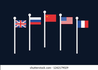 United Nations Security council - five permanent member states and countries ( Great Britain, Russia, USA, China, France) have national flag on the pole and mast. Vector illustration