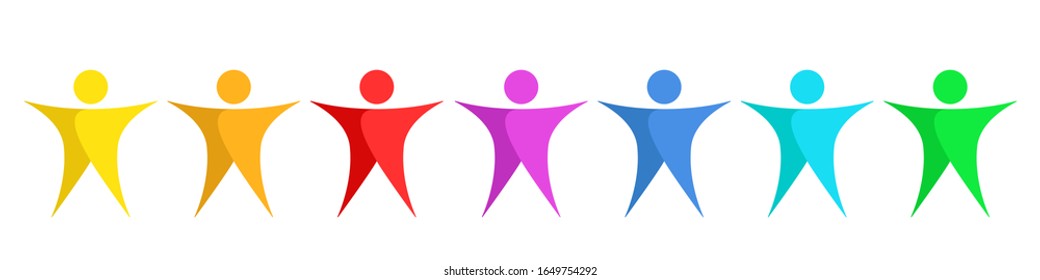 United people, logo design element. Colorful set of stylised people, rainbow colors. Concept of friendship. Vector illustration, flat design, cartoon, isolated on white background.