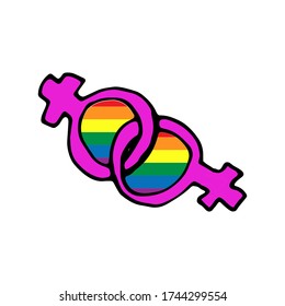 United pink symbol of woman isolated with Background of Gay flag on white background. Cute cartoon line art design.Company logo, sign or sign board for public places, icon for apps and web sites.