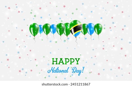 United Republic of Tanzania Independence Day Sparkling Patriotic Poster. Row of Balloons in Colors of the Tanzanian Flag. Greeting Card with National Flags, Confetti and Stars.