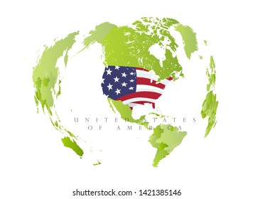 United Satates of America on green map, state in the center of the earth, fisheye effect. Isolated vector illustration on white background. 