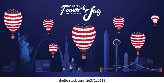 United state of America flag hot air balloon in sky independence day  4 July vector poster