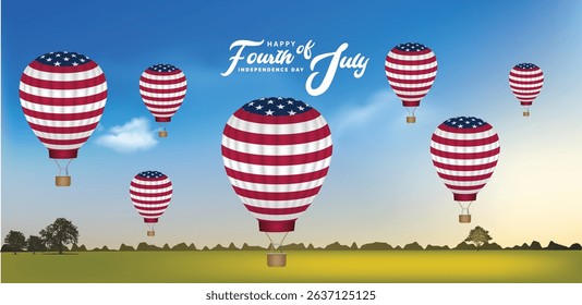 United state of America flag hot air balloon in sky independence day  4 July vector poster