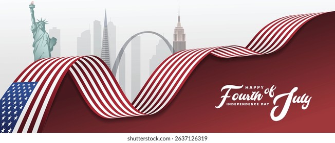 United state of America flag ribbon with cityscape independence day 4 July  vector poster