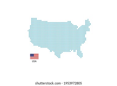 United State of America map design blue circle, white background with United State of America flag.