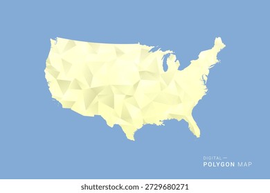 Mapa de Estados Unidos de América en estilo de Vector de polígono bajo, ilustración de forma geométrica con tonos amarillos suaves sobre fondo azul, silueta limpia para infografía.