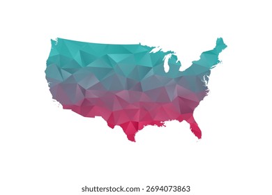 Mapa de Estados Unidos de América - Ilustración vectorial de estilo polígono en verde azulado y degradado rojo, diseño geométrico de bajo poli, aislado sobre fondo blanco para infografías y Educación.