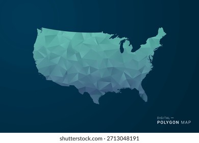 Karte von Vereinigte Staaten - Vektorgrafik im Polygonstil mit Teal Blue Gradient, Low Poly Geometric Design, Digital und Technologie inspiriert, saubere Silhouette auf dunklem Hintergrund.