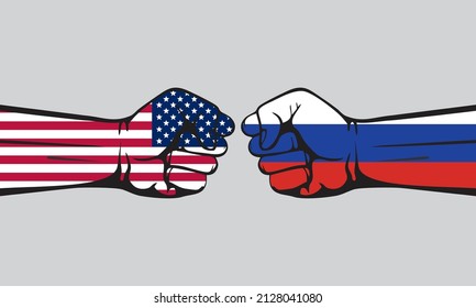 United State of America (USA) VS Russia, hands with flags, conflict between United State of America (USA) and Russia. Isolated, vector illustration on white background