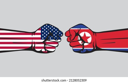 United State of America (USA) VS North Korea, hands with flags, conflict between United State of America (USA) and North Korea. Isolated, vector illustration on white background