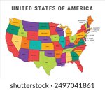 United State of America Vector illustration map with all state names, Color map of USA, Colorful administrative map of USA, States and geographical borders, political map vector illustration, Cities