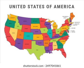 United State of America Vector illustration map with all state names, Color map of USA, Colorful administrative map of USA, States and geographical borders, political map vector illustration, Cities