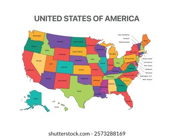 United State of America Vector illustration map with all state names, Color map of USA, Colorful administrative map of USA, States and geographical borders, political map vector illustration, Cities