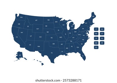 United State of America Vector illustration map with all state names, Color map of USA, Colorful administrative map of USA, States and geographical borders, political map vector illustration, Cities