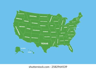 United State of America Vector illustration map with all state names, Color map of USA. States and geographical borders, map vector illustration, Cities