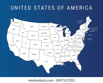 United State of America Vector isolated illustration map with 50 state names, administrative political map map of USA, States and geographical borders, silhouettes, infographic vector illustration eps