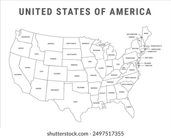 United State of America Vector isolated illustration map with 50 state names, administrative political map map of USA, States and geographical borders, silhouettes, infographic vector illustration eps