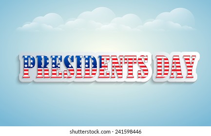 United State of American flag color text Presidents Day on cloudy sky background.