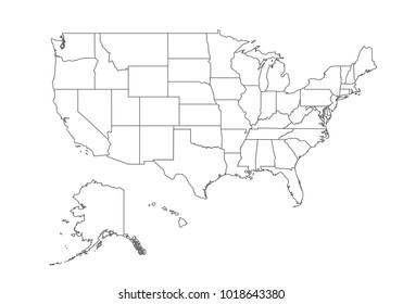 United state of american map with country borders, thin black outline on white background. High detailed vector map with counties/regions/states - United state of american. contour, shape, outline