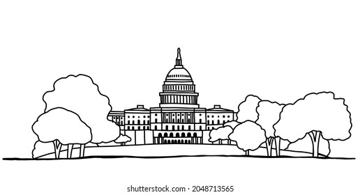 The United State Capitol Building Outline Doodle Drawing On White Background. Vector Illustration.