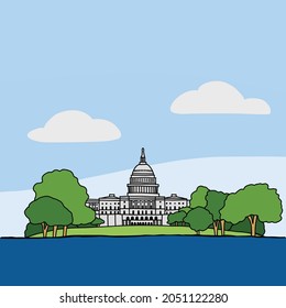 The United State Capitol Building Outline Doodle Drawing On White Background. Vector Illustration.