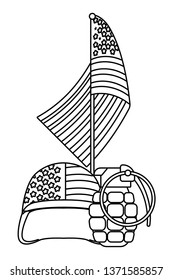 united state flag with military helmet black and white