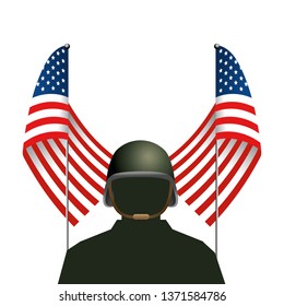 united state flag with soldier and helmet