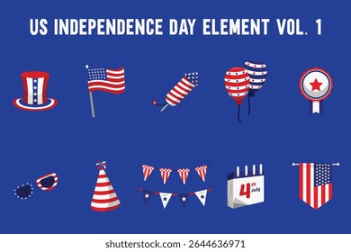United State Independence day elements representing flags, balloons, and a celebratory hat perfect for celebrating the holiday in style and joy. Suitable for festive designs and patriotic celebrations