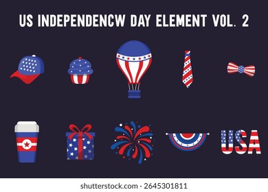 United State Independence day elements Independence Day, air balloon with flags and fireworks for festive designs. Perfect for patriotic celebrations and holiday promotions.