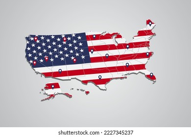 United State map 3D with flag pattern and map pin illustration on isolated background design