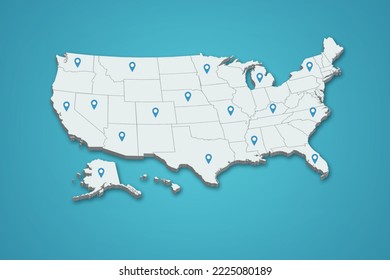 United State map 3D with location pin illustration on isolated background design