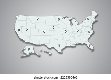 United State map 3D with map pin illustration on isolated background design