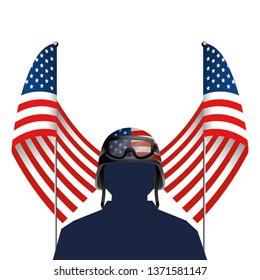 united stated flag with soldier and helmet