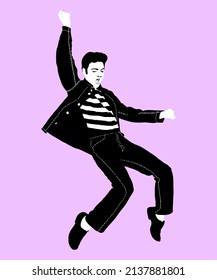United States, 1957. Elvis Presley in a publicity for the movie Jailhouse Rock. Illustration on purple background.