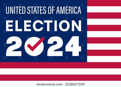 Afiche de la campaña electoral de Estados Unidos 2024 con bandera estadounidense y marca de verificación roja