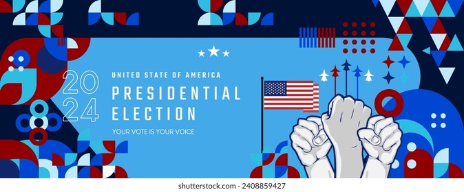 United States 2024 Presidential election day banner in modern geometric style. American election vote campaign cover. Background vector illustration