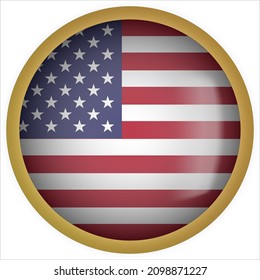 United States 3D rounded Flag Button Icon with Gold Frame