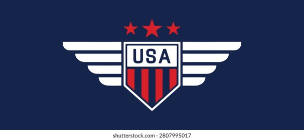 United States Air Force emblem with wings and USA lettering on a dark blue background