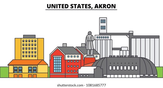 United States, Akron. City skyline, architecture, buildings, streets, silhouette, landscape, panorama, landmarks. Editable strokes. Flat design line vector illustration concept. Isolated icons