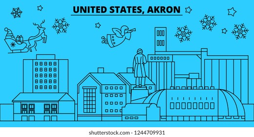 United States, Akron winter holidays skyline. Merry Christmas, Happy New Year decorated banner with Santa Claus.Flat, outline vector.United States, Akron linear christmas city illustration