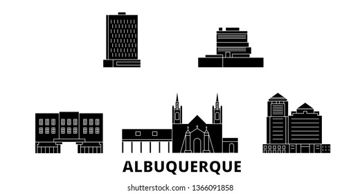 United States, Albuquerque flat travel skyline set. United States, Albuquerque black city vector panorama, illustration, travel sights, landmarks, streets.