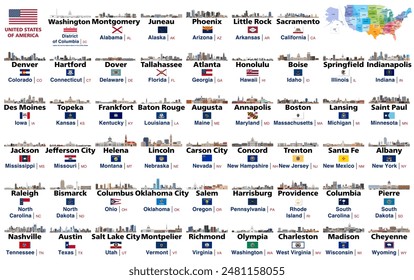 United States all states capital cities skylines. Map of the United States with regions, divisions and capital cities marked on it. All flags of the U.S. states. Vector set