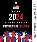 United States of America 2024 Presidential Election day poster. Hand icons of all colors symbolizing equality.