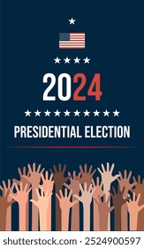 Afiche del día de las elecciones presidenciales de Estados Unidos 2024. Iconos de mano de todos los colores que simbolizan la igualdad.
