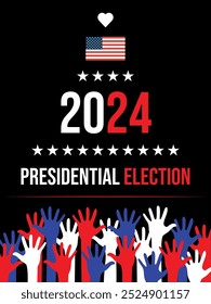 Afiche del día de las elecciones presidenciales de Estados Unidos 2024. Iconos de mano de todos los colores que simbolizan la igualdad.